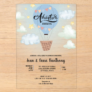Adventure Awaits Blue Air Balloon Baby Shower Acryleinladungen