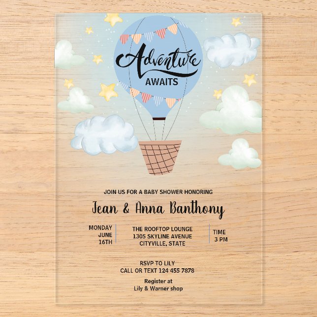 Adventure Awaits Blue Air Balloon Baby Shower Acryleinladungen (Vorderseite)