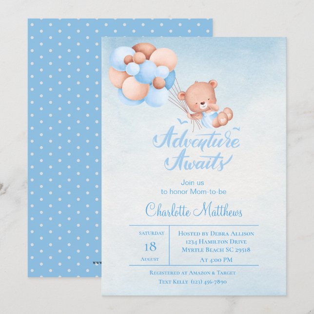 Adventure Awaits Blue Balloon Baby Shower Einladung (Vorne/Hinten)