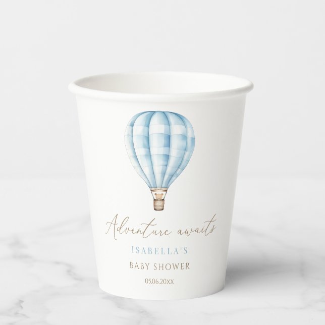 Adventure Awaits Blue Hot Air Balloon Baby Shower Pappbecher (Vorderseite)