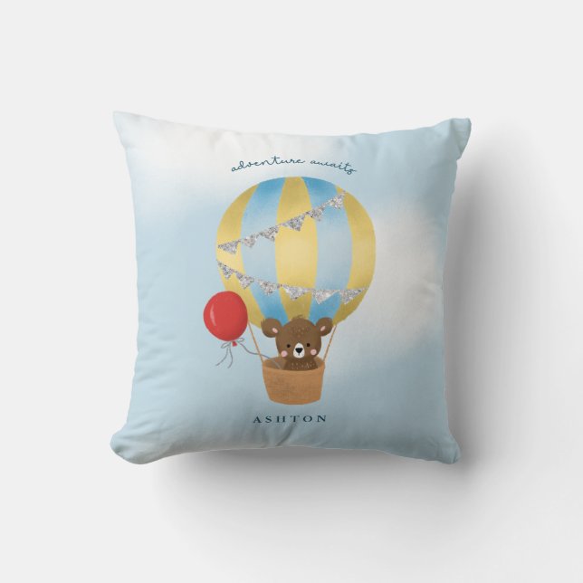 Adventure Awaits Blue Silver Hot Air Ballon Kissen (Vorderseite)