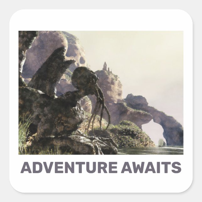 Adventure Awaits. Fantasy landscape Quadratischer Aufkleber (Vorderseite)