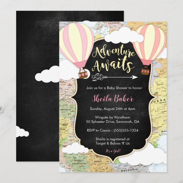 Adventure Awaits Girl Baby Shower Einladung (Vorne/Hinten)