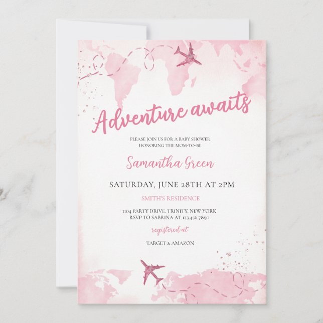 Adventure Awaits Girl Baby Shower Einladung (Vorderseite)