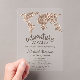 Adventure Awaits Glitzer World Map Retirement Acryleinladungen