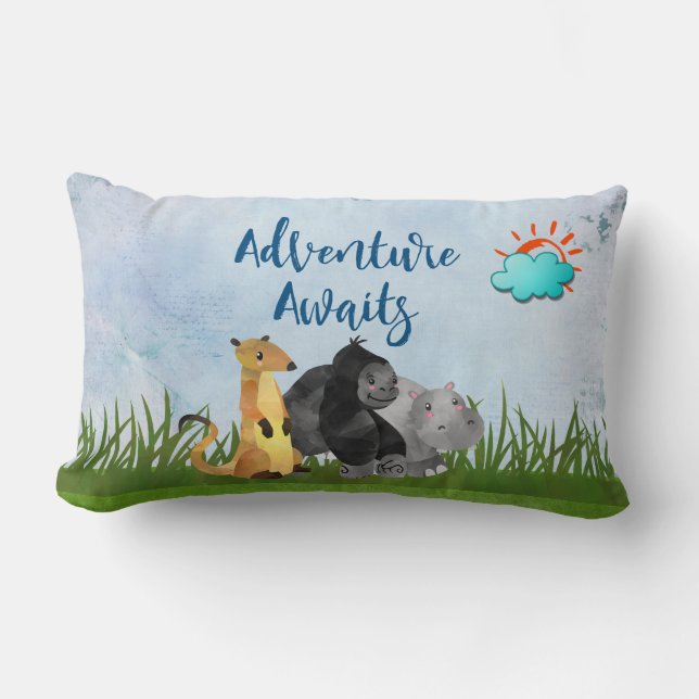Adventure Awaits - Gorilla Hippo und Meerkat Lendenkissen (Vorderseite)