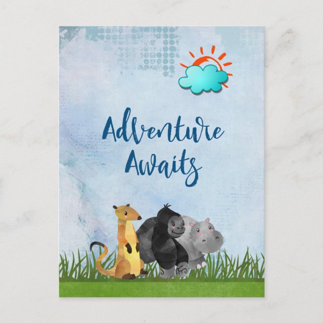 Adventure Awaits - Gorilla Hippo und Meerkat Postkarte (Vorderseite)