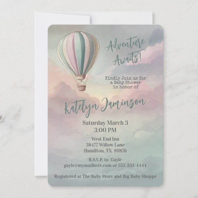 Adventure Awaits Hot Air Balloon Baby Shower Einladung (Vorderseite)