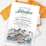Adventure Awaits Mountains Paare Kinderdusche Einladung<br><div class="desc">Diese Babydusche lädt zu einem Erlebnisthema ein,  das eine wilde Wasserlandschaft mit Bergen,  Teichen und Kiefern zeigt. Diese Einladung eignet sich perfekt für ein Outdoor-Event.</div>