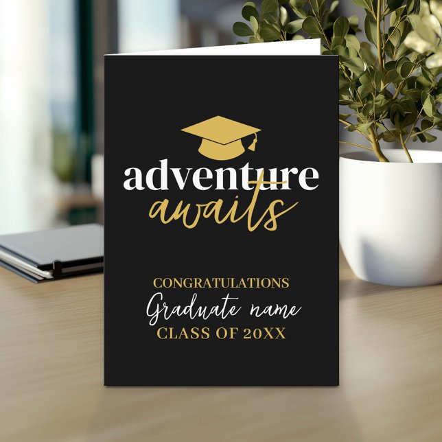 Adventure Awaits - Name Cap Black Gold Abschluss Karte (Custom Graduation Greeting Card - Add the Graduate's Name)