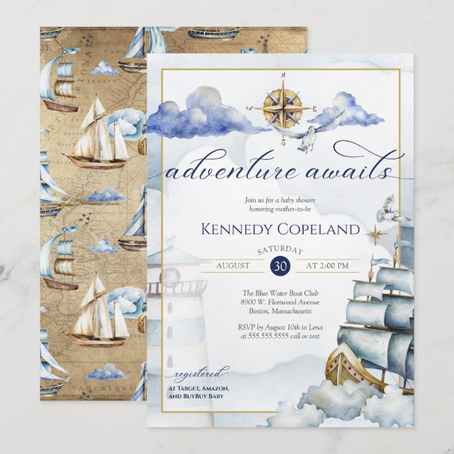 Adventure Awaits - Nautical Dream Ship Baby Shower Einladung (Vorne/Hinten)