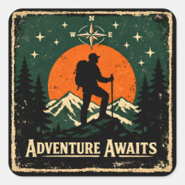 Adventure Awaits – Outdoor Exploration Hiker Quadratischer Aufkleber
