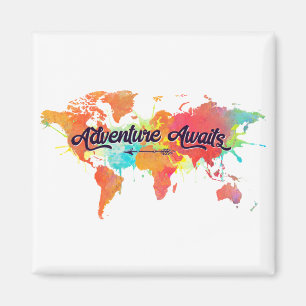 Adventure Awaits Quote Vivid Wasserfarbe Weltkarte Magnet