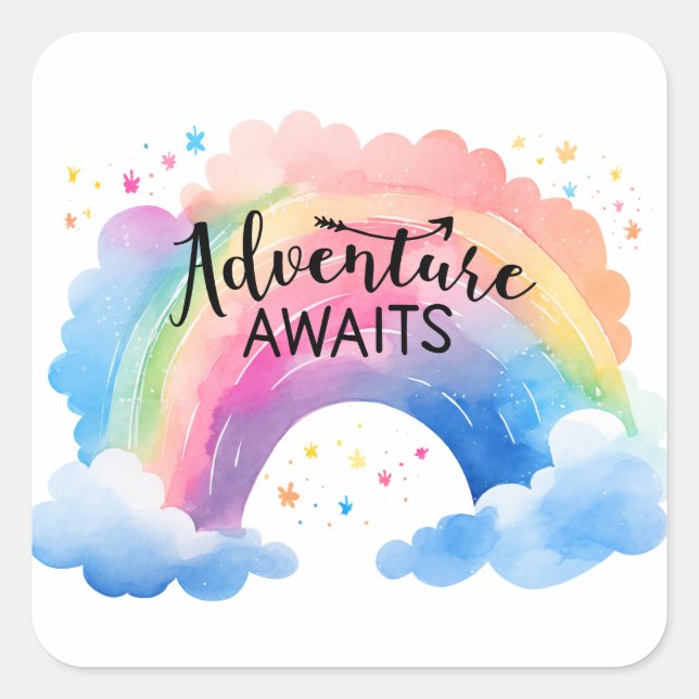Adventure Awaits Rainbow Quadratischer Aufkleber (Vorderseite)
