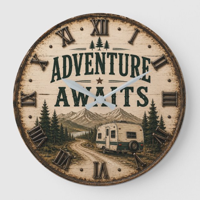 Adventure Awaits Rustic Camper Camping Mountain Große Wanduhr (Vorderseite)