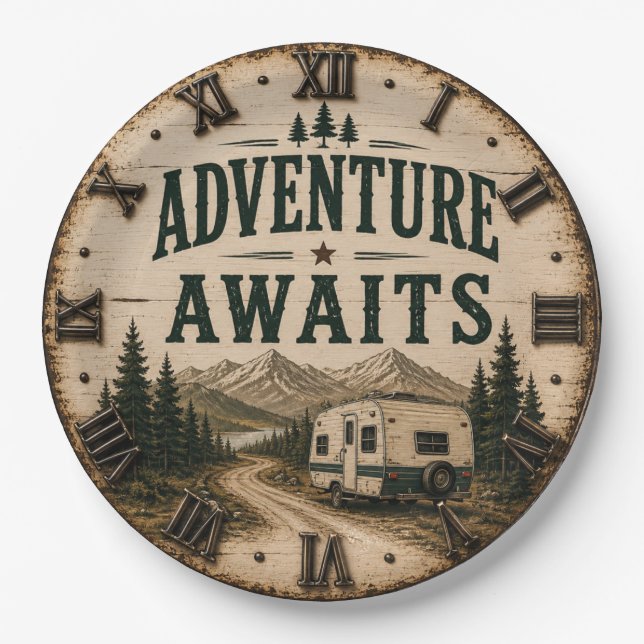 Adventure Awaits Rustic Camper Camping Mountain Pappteller (Vorderseite)