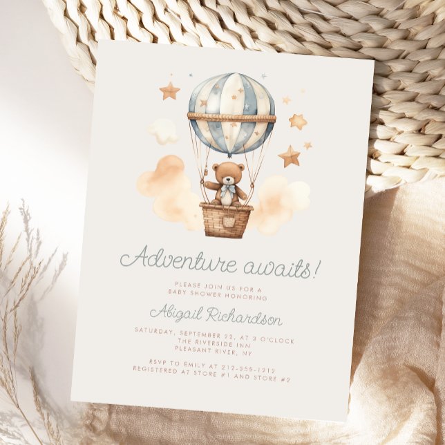 Adventure Awaits Teddy Bear Boy Baby Shower Postkarte (Von Creator hochgeladen)