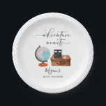 Adventure Awaits Travel Baby Shower Pappteller<br><div class="desc">Rustikales Reisethema geschlechtsneutrale Babyduschpapiertafel mit Darstellung eines Vintagen Koffern,  einer Kamera und eines Globus. Im Text steht "Abenteuer wartet."</div>