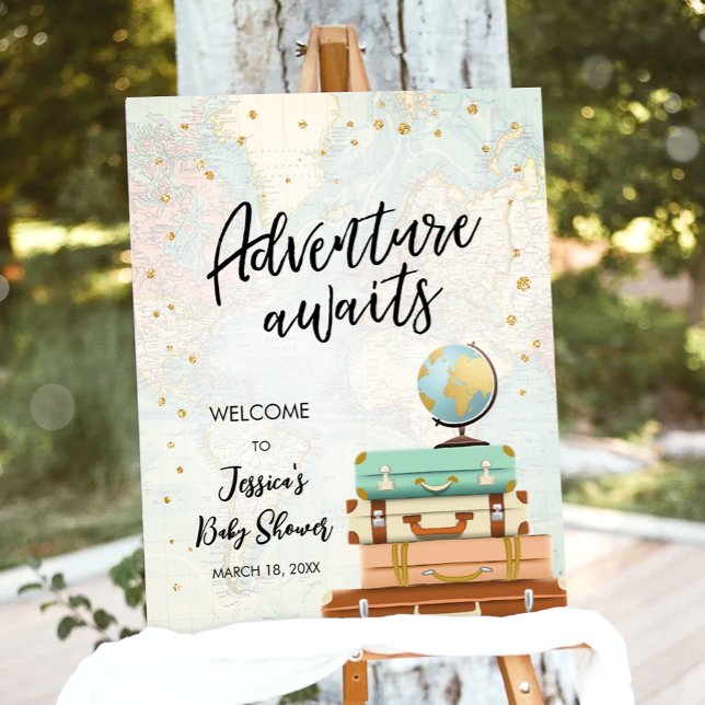 Adventure Awaits Travel Gold Confetti Baby Shower Poster (Von Creator hochgeladen)