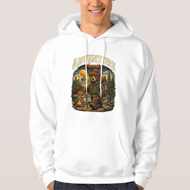 Adventure Awaits Vintage Bear Hiking White Hoodie (Vorderseite)