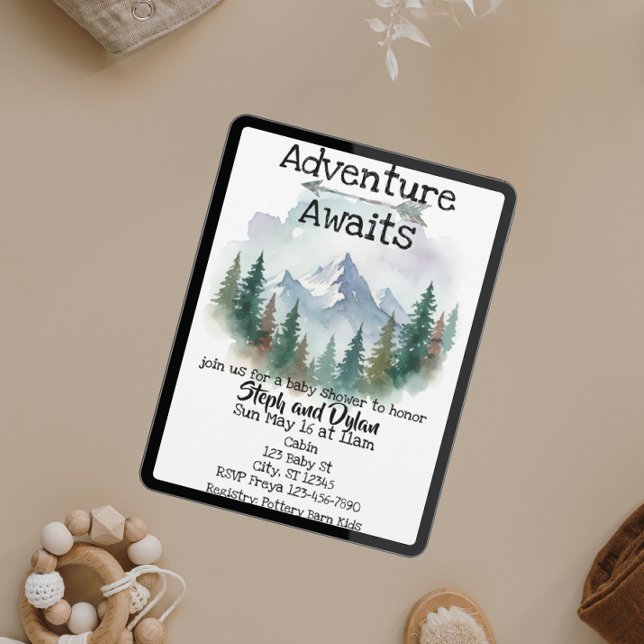 Adventure Awaits, Watercolor Woods Baby Shower Einladung (Von Creator hochgeladen)