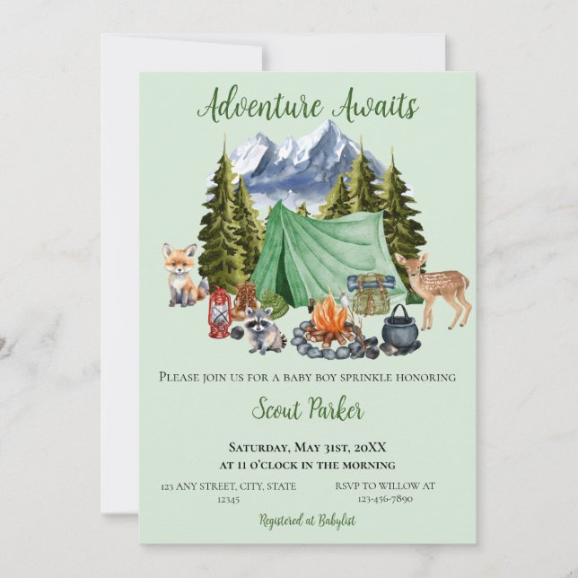 Adventure Awaits Woodland Baby Shower Einladung (Vorderseite)