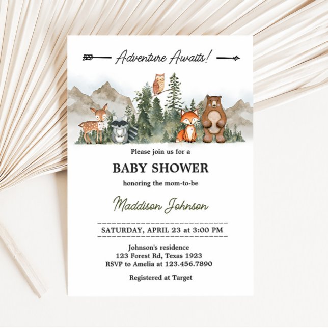 Adventure Awaits Woodland Baby Shower Einladung (Woodland Animals Adventure Awaits Baby Shower invitation)