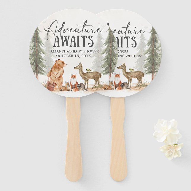 Adventure Awaits Woodland Baby Shower Fächer (Vorne und Hinten)