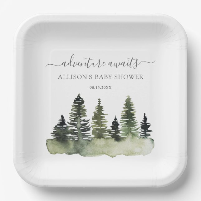 Adventure Awaits Woodland Baby Shower Pappteller (Vorderseite)