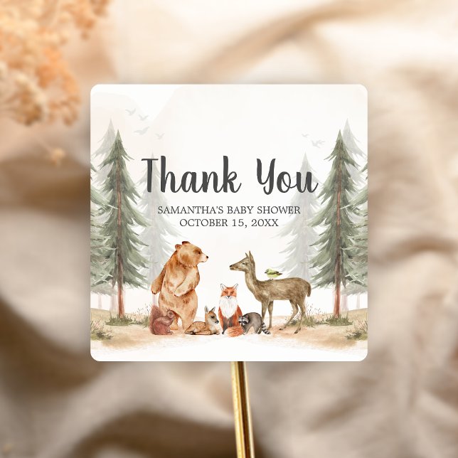 Adventure Awaits Woodland Baby Shower Quadratischer Aufkleber (Woodland Baby Shower Sticker)