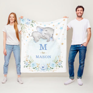Adventure Baby Boy Elephant Blue Gold Stars Floral Fleecedecke