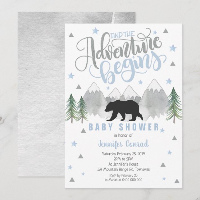 Adventure Baby Shower Einladung, Black Bear Baby Einladung (Vorne/Hinten)