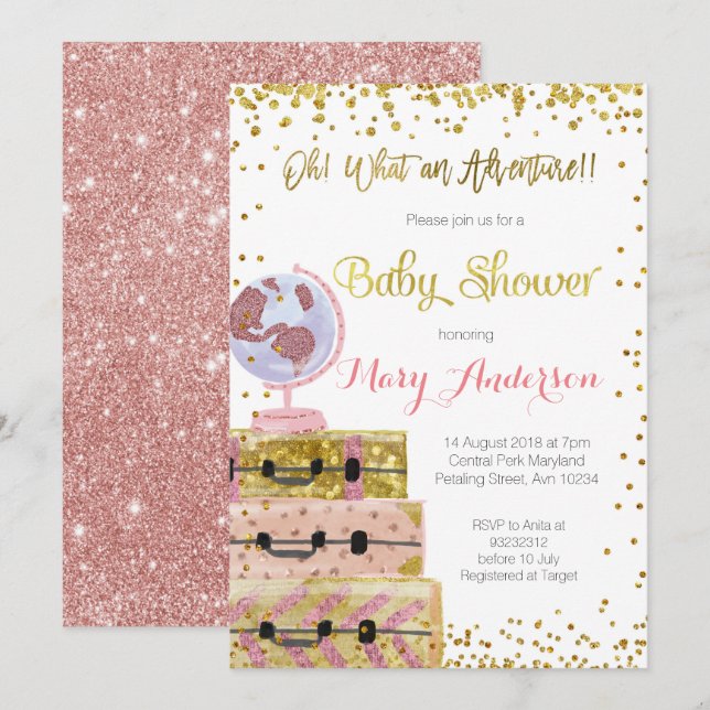Adventure Baby Shower Einladung Gold Glitzer (Vorne/Hinten)
