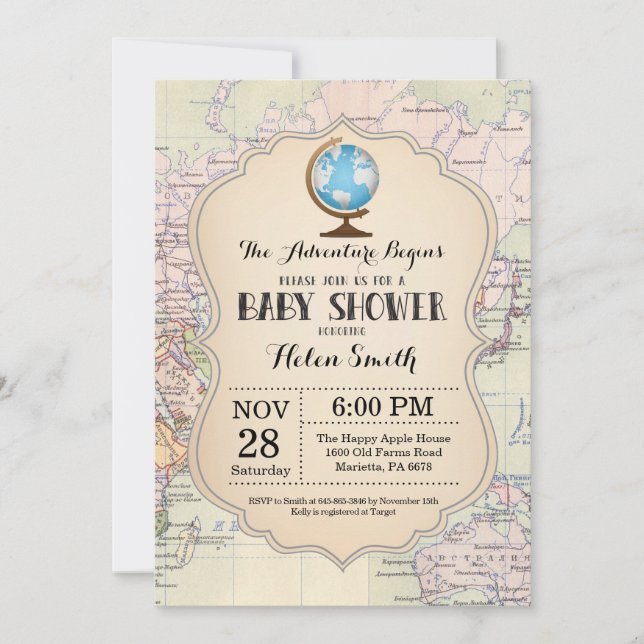 Adventure Baby Shower Einladung Karte Reisen Welt (Vorderseite)