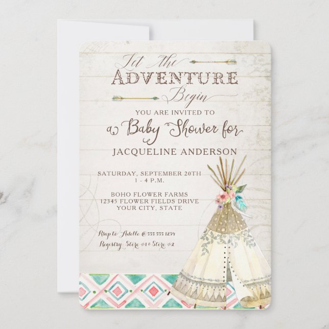 Adventure Baby Shower Girl Teepee Wood Arrows Art Einladung (Vorderseite)