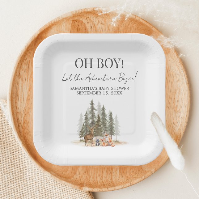 Adventure Begin Baby Shower Pappteller (Let the Adventure Begin Woodland Animals Baby Shower Paper Plate)