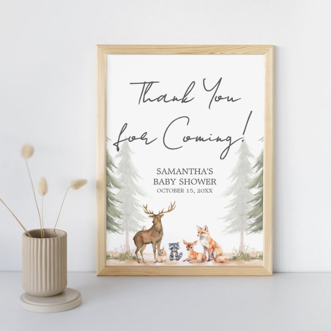 Adventure Begin Baby Shower Vielen Dank Poster (Let the Adventure Begin Woodland Baby Shower Thank you for Coming Sign)
