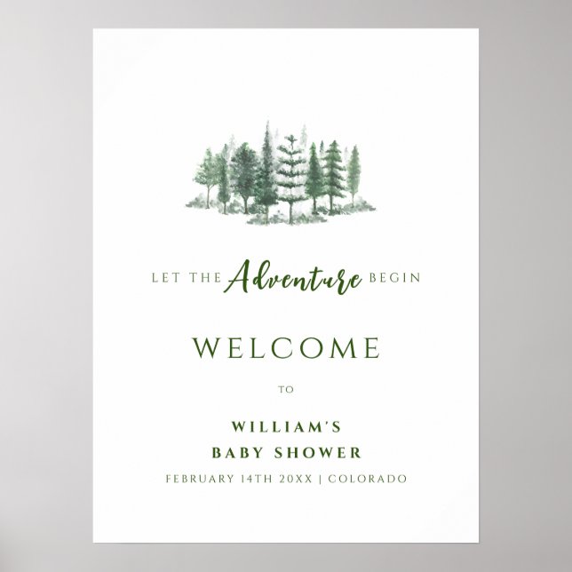 Adventure Begin Rustic Forest Baby Dusche Willkomm Poster (Vorne)