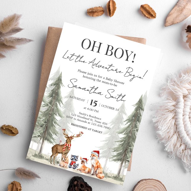 Adventure Begin Winter Woodland Baby Shower Einladung (Adventure Awaits Baby Shower Invitation)