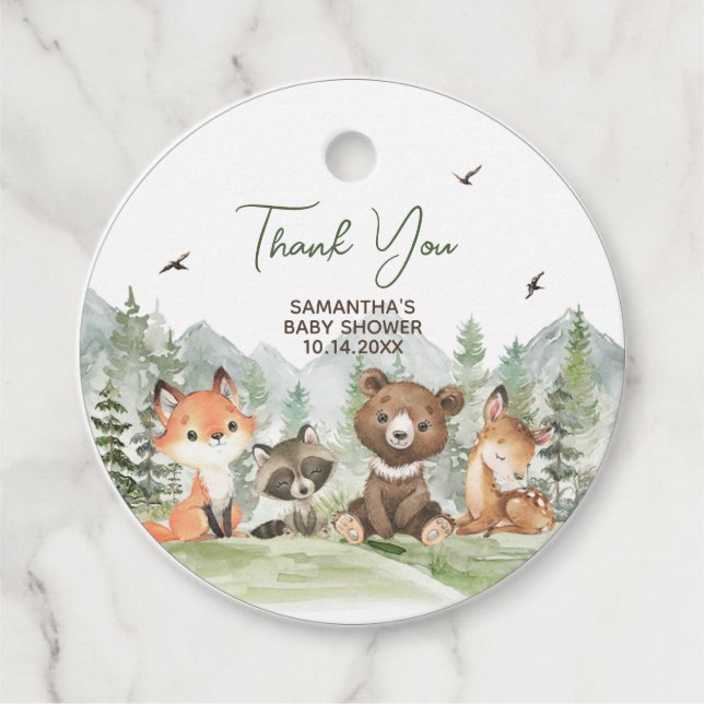 Adventure Begin Woodland Animals Baby Shower Round Geschenkanhänger (Vorderseite)