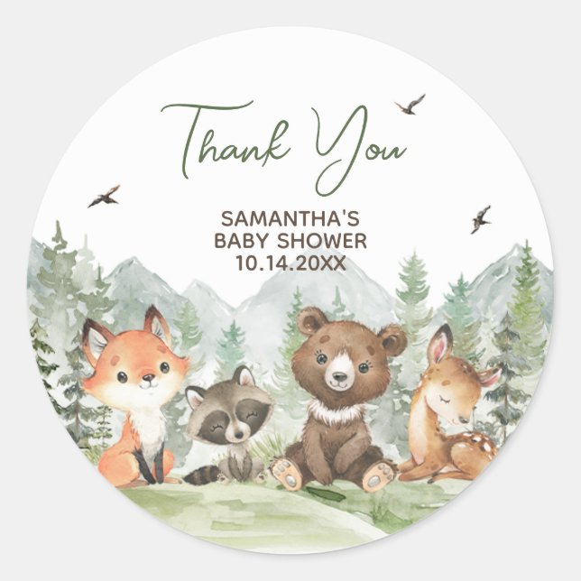 Adventure Begin Woodland Animals Baby Shower Runder Aufkleber (Vorderseite)