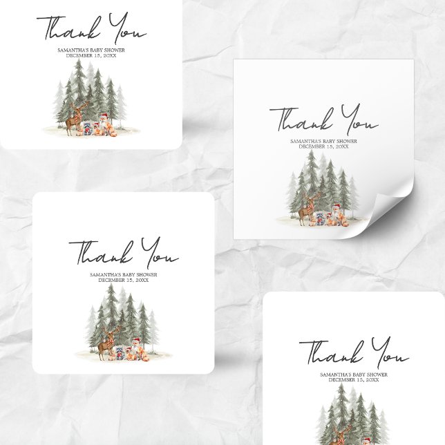 Adventure Begin Woodland Winter Baby Shower  Quadratischer Aufkleber (Adventure Awaits Baby Shower Sticker)