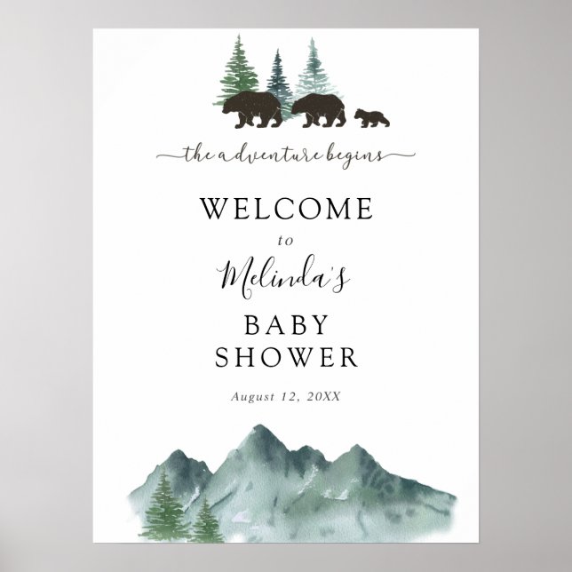 Adventure Beginns Bear Baby Shower Willkommenspend Poster (Vorne)