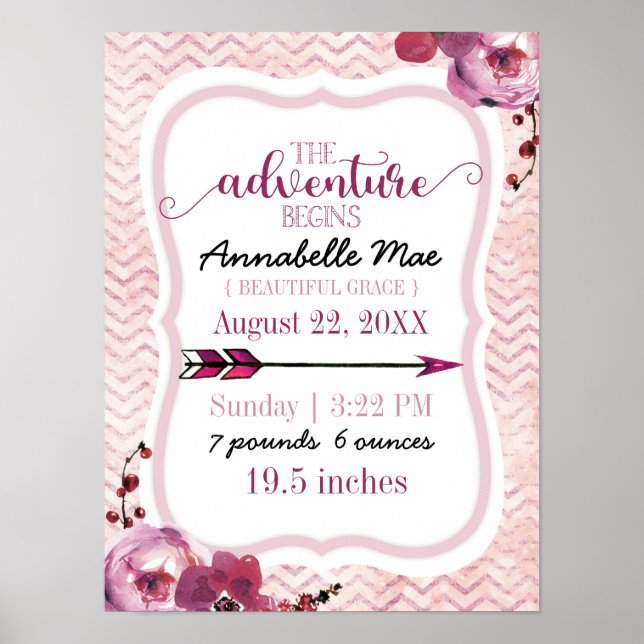 Adventure Begins Baby Girl Birth Stats Pink Arrow Poster (Vorne)