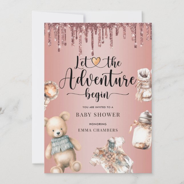 Adventure Begins Baby Shower Rose Gold Glitzer Einladung (Vorderseite)