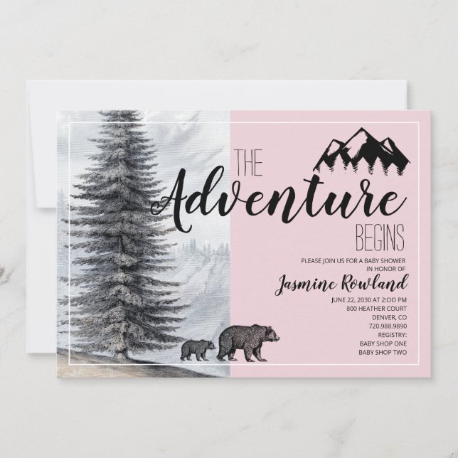 Adventure Begins Bear Pink Baby Girl Dusche Einladung (Vorderseite)