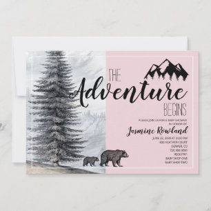 Adventure Begins Bear Pink Baby Girl Dusche Einladung