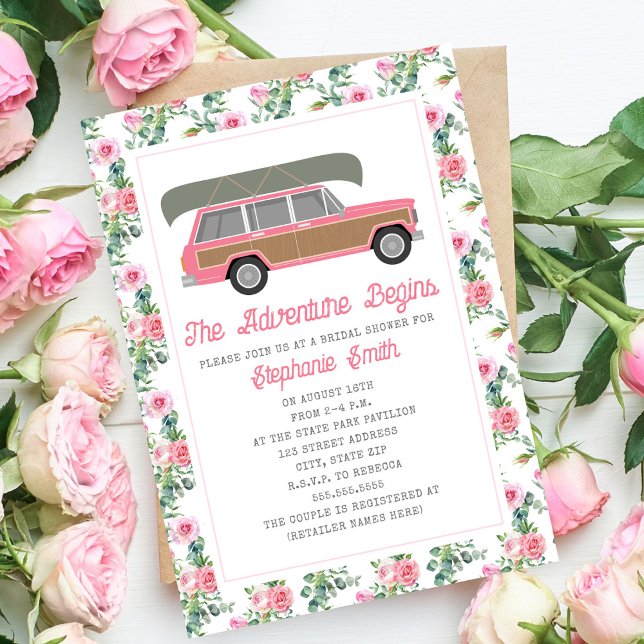 Adventure Begins Canoe Pink Car Bridal Einladung (Von Creator hochgeladen)