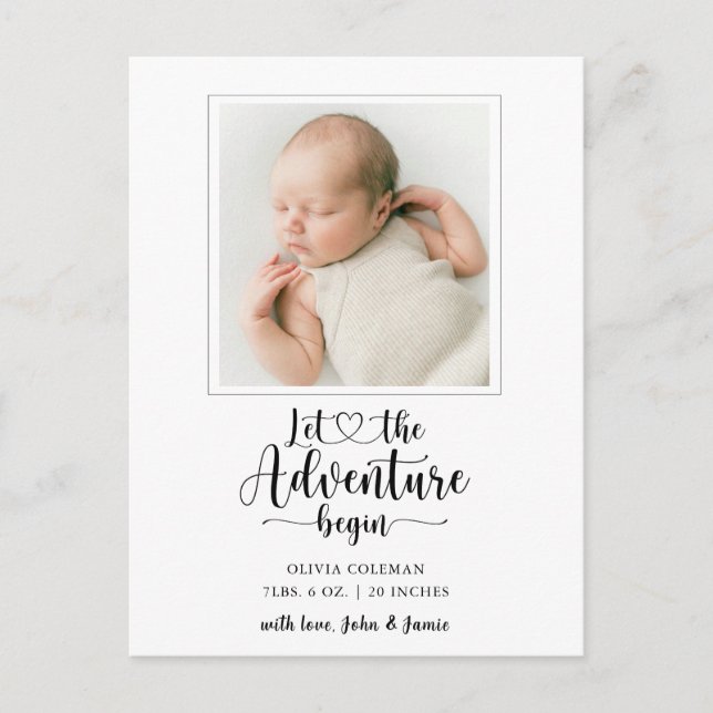 Adventure Begins Foto Birth Ankündigungspostkarte (Vorderseite)