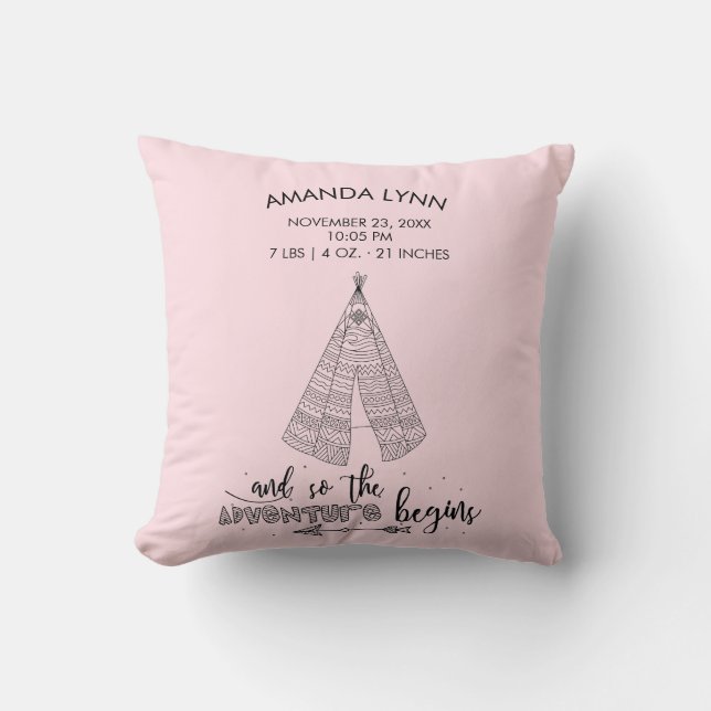 Adventure Begins GIRLS Baby Birth Stats Pillow Kissen (Vorderseite)